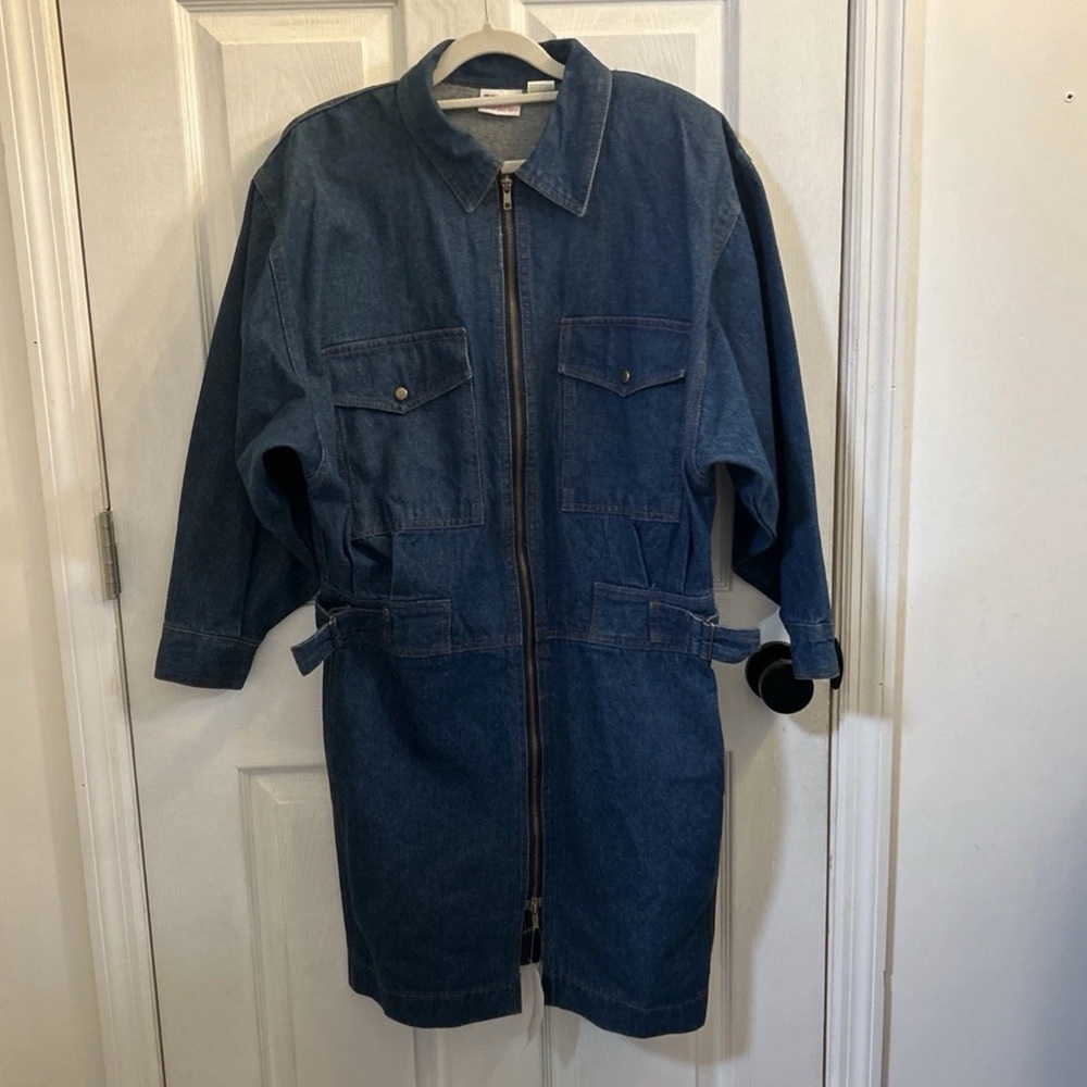 NWT Vintage Avon Denim Utility Belted Dress Blue Shoulder Pads Womens Size 9/10